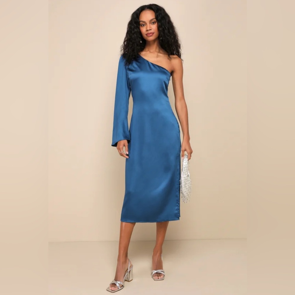 Lulus Teal Blue Satin One Shoulder Midi Dress with Side Slit